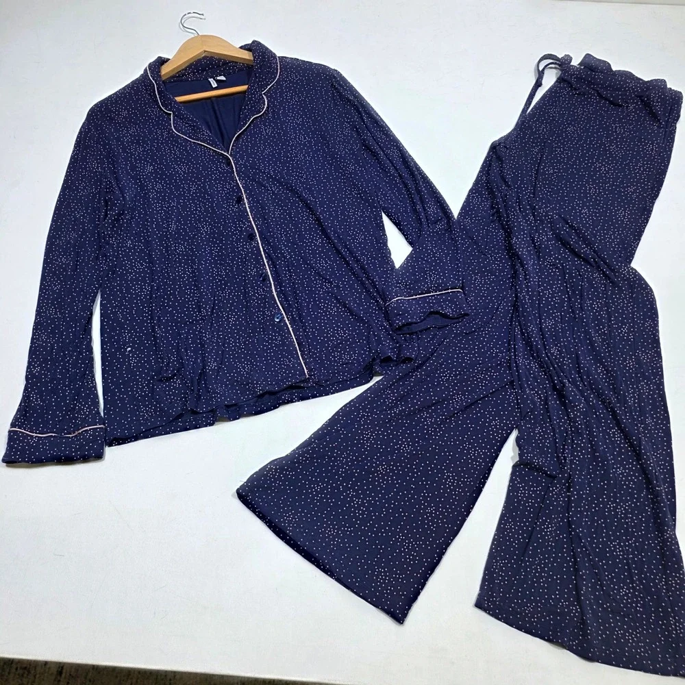 Nordstrom Pajama Set Womens M Navy Blue Polka Dot Modal Long Sleeve Wide Leg PJ